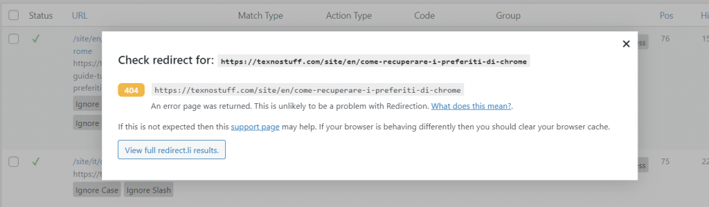 Redirect issue shown by the Redirection plugin